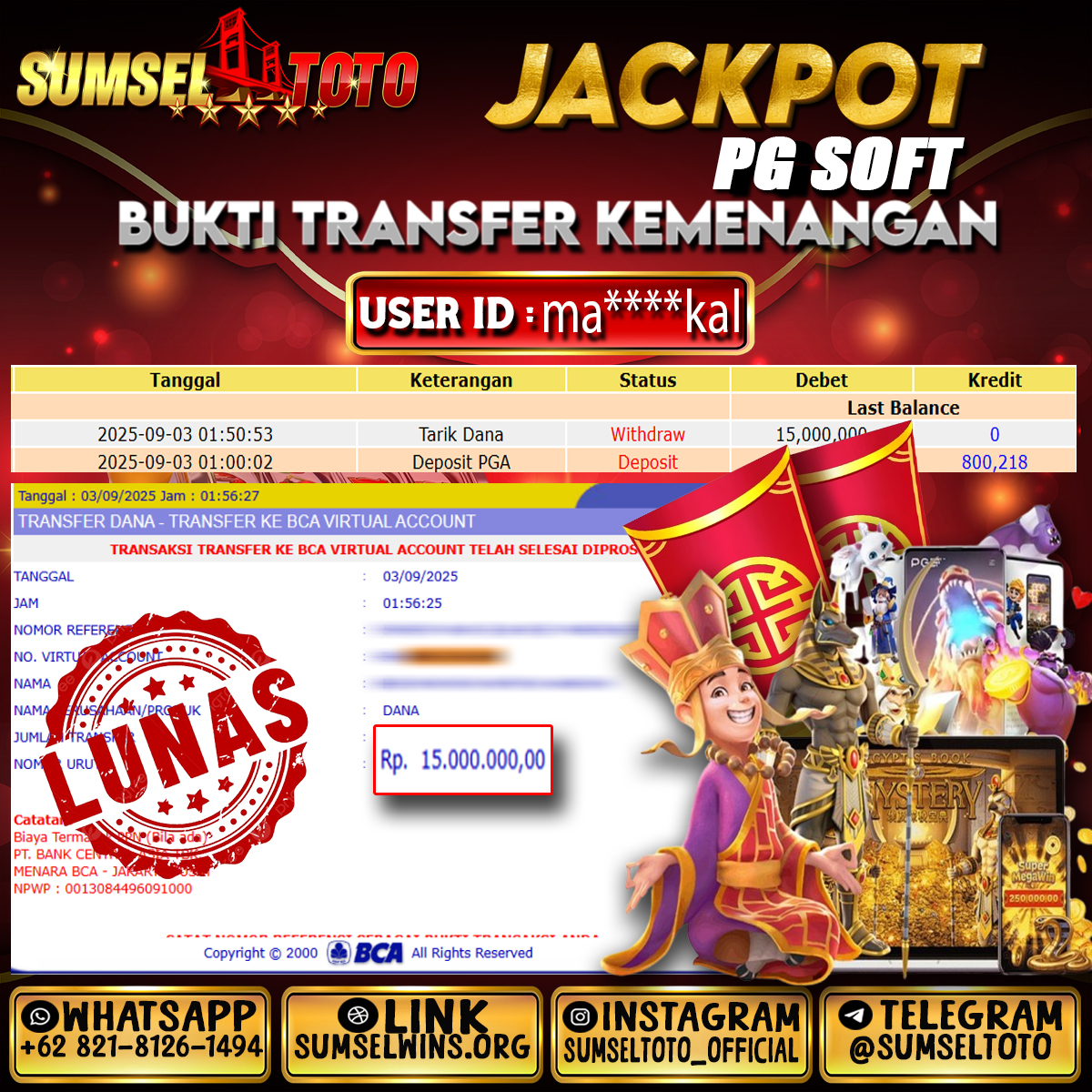 SUMSELTOTO JACKPOT EGYPTS BOOK MYSTERY Rp.15,000,000.,- LUNAS